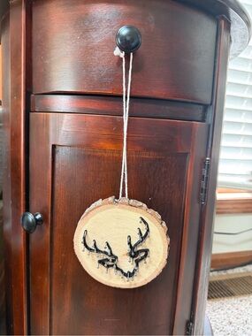 Handmade Wood Slice Deer Antler String Art Ornament - Natural & Black